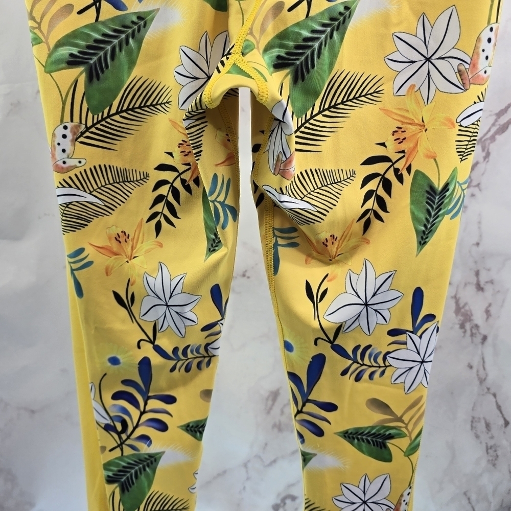 Zyia Leggings Women 6 8 Yellow Crop Floral High Rise Mesh Reflective Light N - Picture 8 of 13